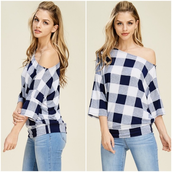 AJ's Threads Tops - Navy Off The Shoulder Checkered Top